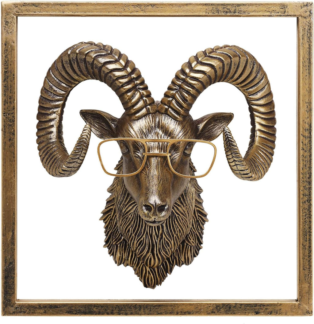 JJALIGHTS Animal Heads Wall Decor Resin Animals Sculptures Head Wall Hanging Decoration Imitation Copper vintage Wall Sculpture for Living Room Bedroom Office(Bighorn,Includes Metal Frame)