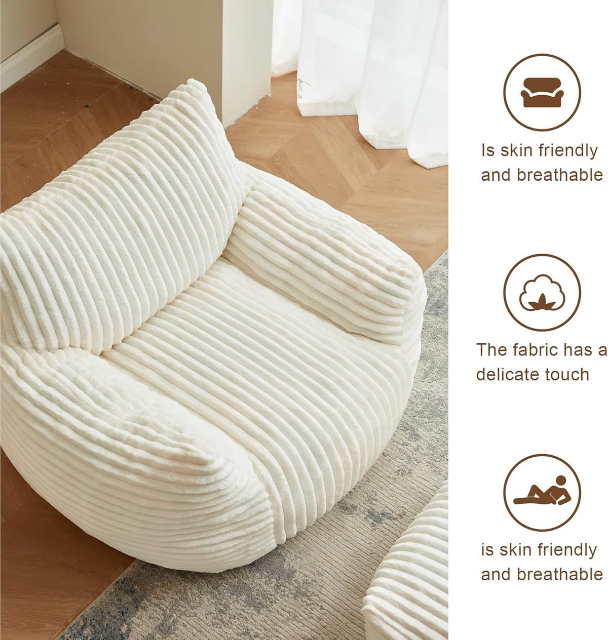 Premium Beige Bean Bag Chair for Adults with Armrest- Ultra Plush Memory Foam Lounge Sofa & Comfy Reading Nook Chair for Bedroom, Living Room & Dorm (White, Without Pedals)