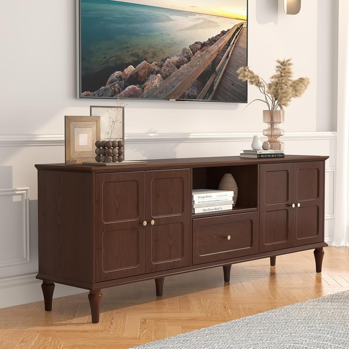 ARTPOWER 67'' Mid-Century Modern TV Stand with Storage Drawer and Doors, Long TV Stand with Adjustable Shelves for 75 Inch TV for Living Room, Bedroom, Brown
