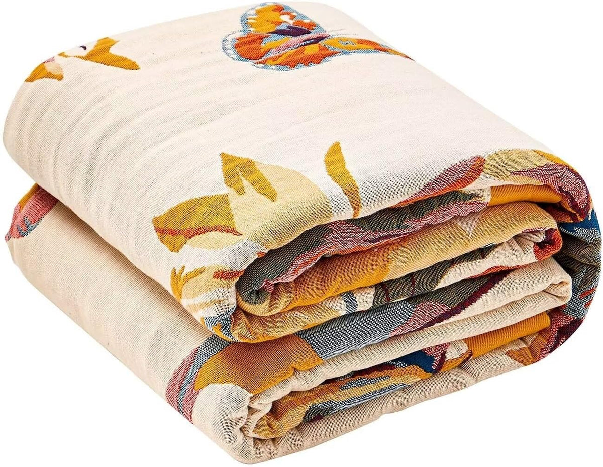 Boho Throw Blanket, 100% Cotton Ultra Soft Luxury Throw Rustic Quilt, 60"x80" Floral Bird Butterfly Farmhouse Decor Bed Blankets, All Season Rustic Reversible Bohemian Throw for Bed - Yellow