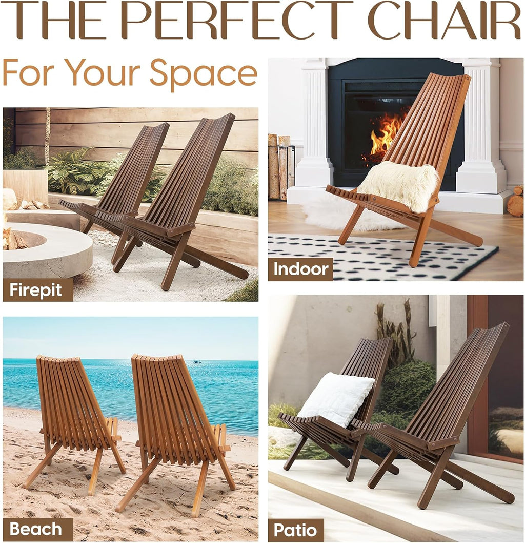 IDZO Elina FSC Eucalyptus Tamarack Chairs, 300Lbs Capacity Modern Adirondack Style, Wooden Folding Seats, for Fire Pit Outdoor & Indoor - Cinnamon, Set of 2