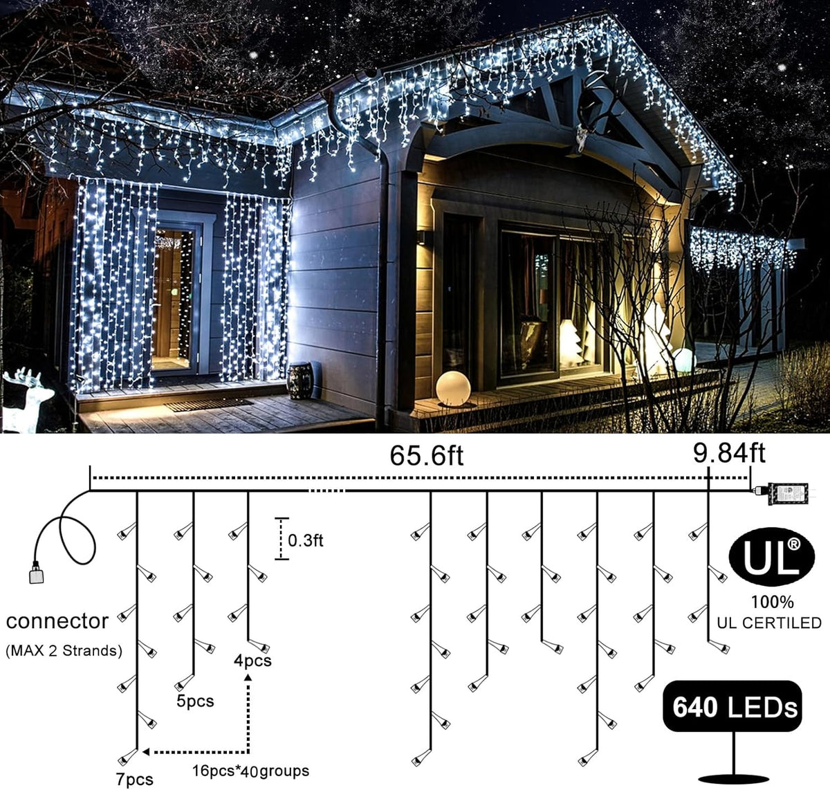 Icicle Christmas Lights Outdoor - 66ft 640 LED Icicle Lights for Outside 8 Modes with 120 Drops, Waterproof Plug in Fairy String Lights for Party Holiday Wedding Christmas Decoration, Cool White