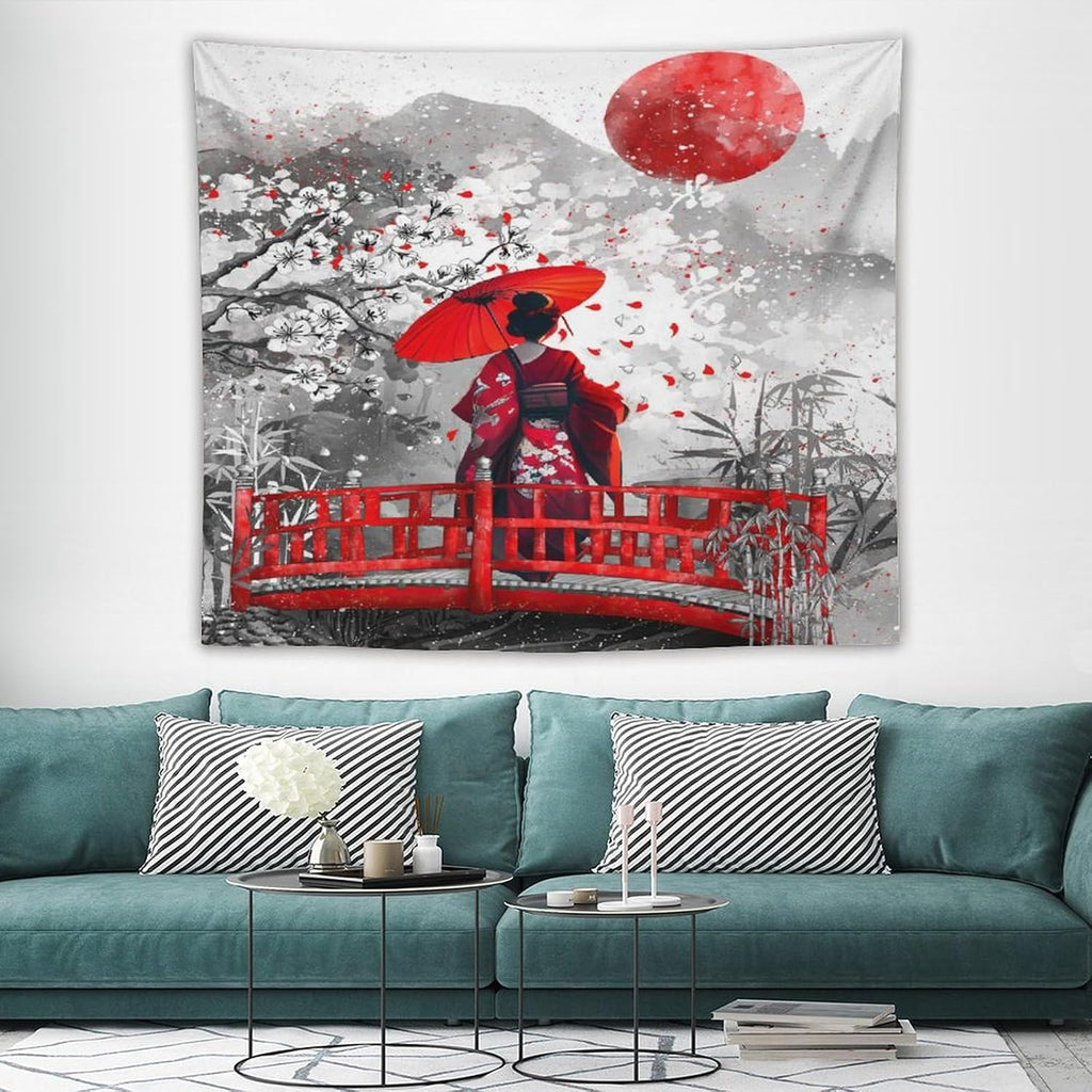 Japanese Red Geisha Tapestry Asian Cherry Blossom Red Sun Traditional Kimono Folk Tapestries Home Decor for Living Room Bedroom Apartment Farmhouse Dorm 60"x50"