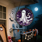 Stained Glass Window Hanging - Halloween Decorations White Ghost Purple Stars Suncatcher for Doors Garden Spooky Funny Sun Catchers Gothic Decor Horror Gifts for Women Men Friend 9.8 in