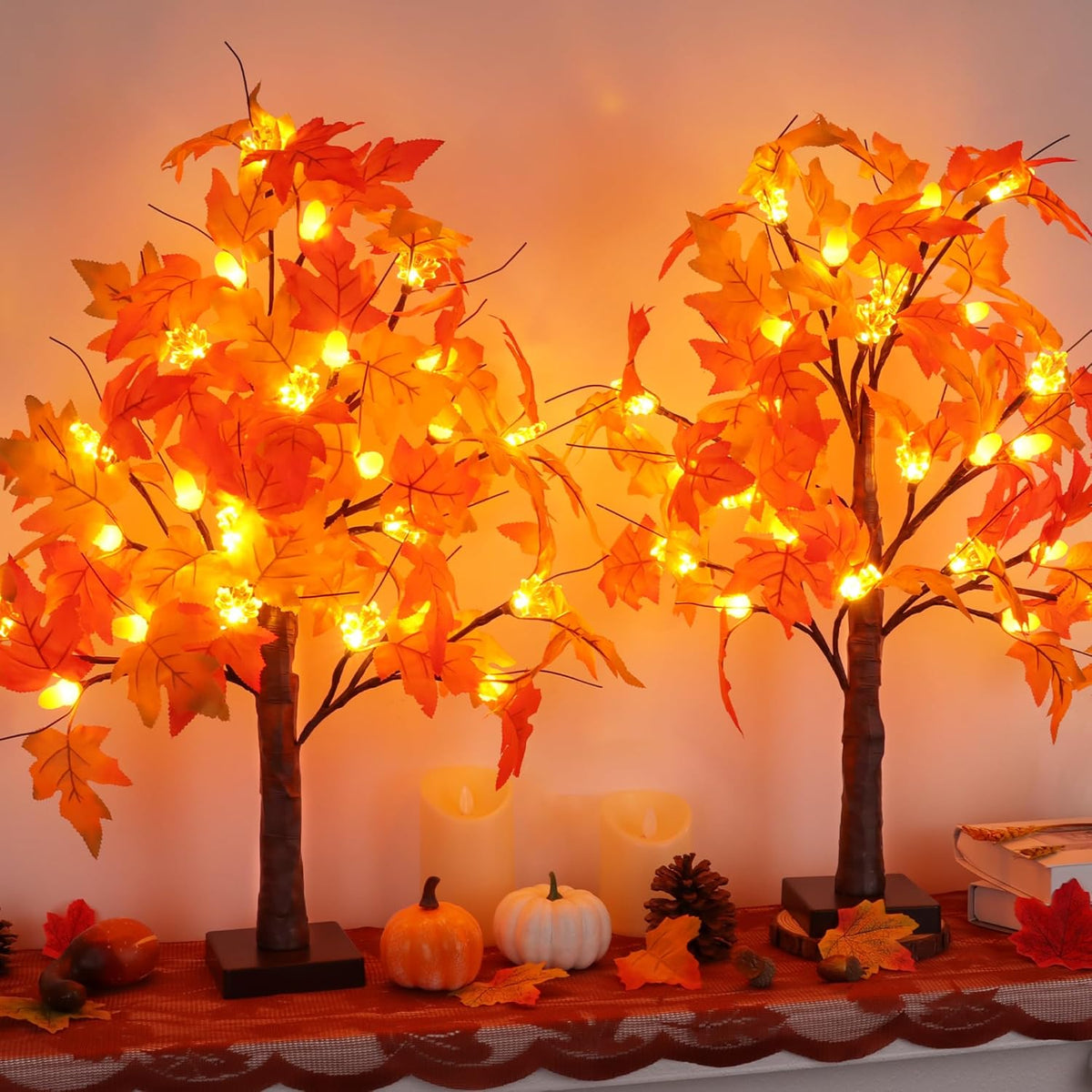 2 Pack 24 Inch Prelit Fall Maple Tree Fall Decor with 48 LEDs Timer Battery Operated Artificial Fall Light Up Tree Maple Acorn for Fall Thanksgiving Decorations Table Home Office Indoor Autumn Harvest