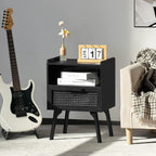 Lerliuo Rattan Nightstand, Side Table with Drawer Open Shelf, Cane Accent Bedside End Table with Solid Wood Legs, Mid Century Modern Night Stand for Bedroom, Dorm and Small Spaces (Black)