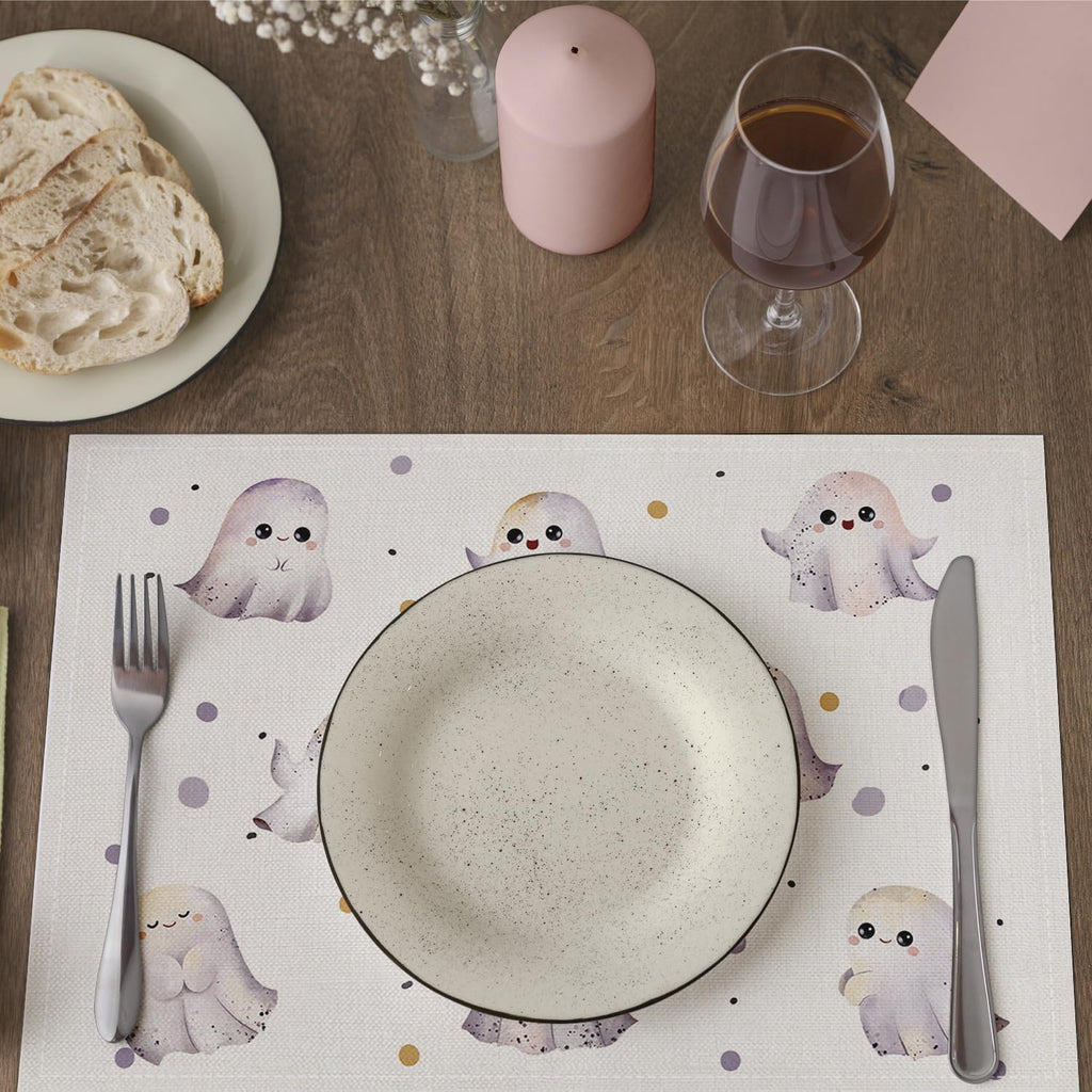 Halloween Placemats Set of 4, Cute Ghost Table Mat for Home Kitchen, Restaurants, Outdoor Linen Washable Place Mats 12x18 inch Party Event Dining Decoration-14