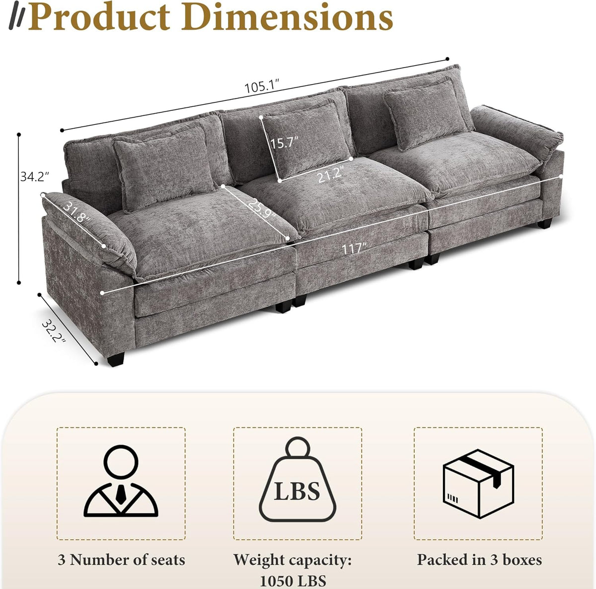 URRED Modular Sectional Sofa Comfy Cloud Couch, Modern Chenille Sofa Sleeper Deep Seat Couches with Ottoman/Pillows for Living Room (Gray, 117'')