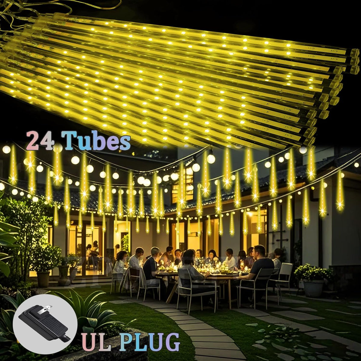 Outdoor Meteor Shower Christmas Lights 24-Tube 576LEDs Shooting Star Waterfall Meteor Shower Falling Rain Light for Christmas Tree Decorations Wedding Party Holiday Garden, UL Plug Warm White