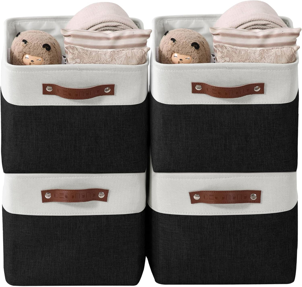 DECOMOMO Storage Bins Fabric Storage Baskets for Shelves, Linen Closet Organization Toys Nursery (Black and White, Large - 4 Pack)