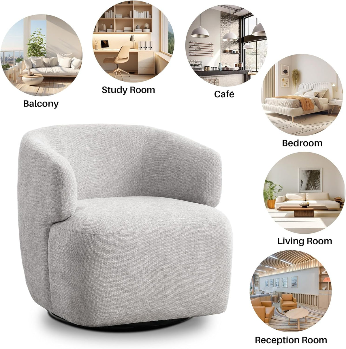 Swivel Accent Chair, Chenille Barrel Chair for Living Room, Cozy Round Boucle Arm Chair, Metal Base for Club Nursery Bedroom, Light Grey