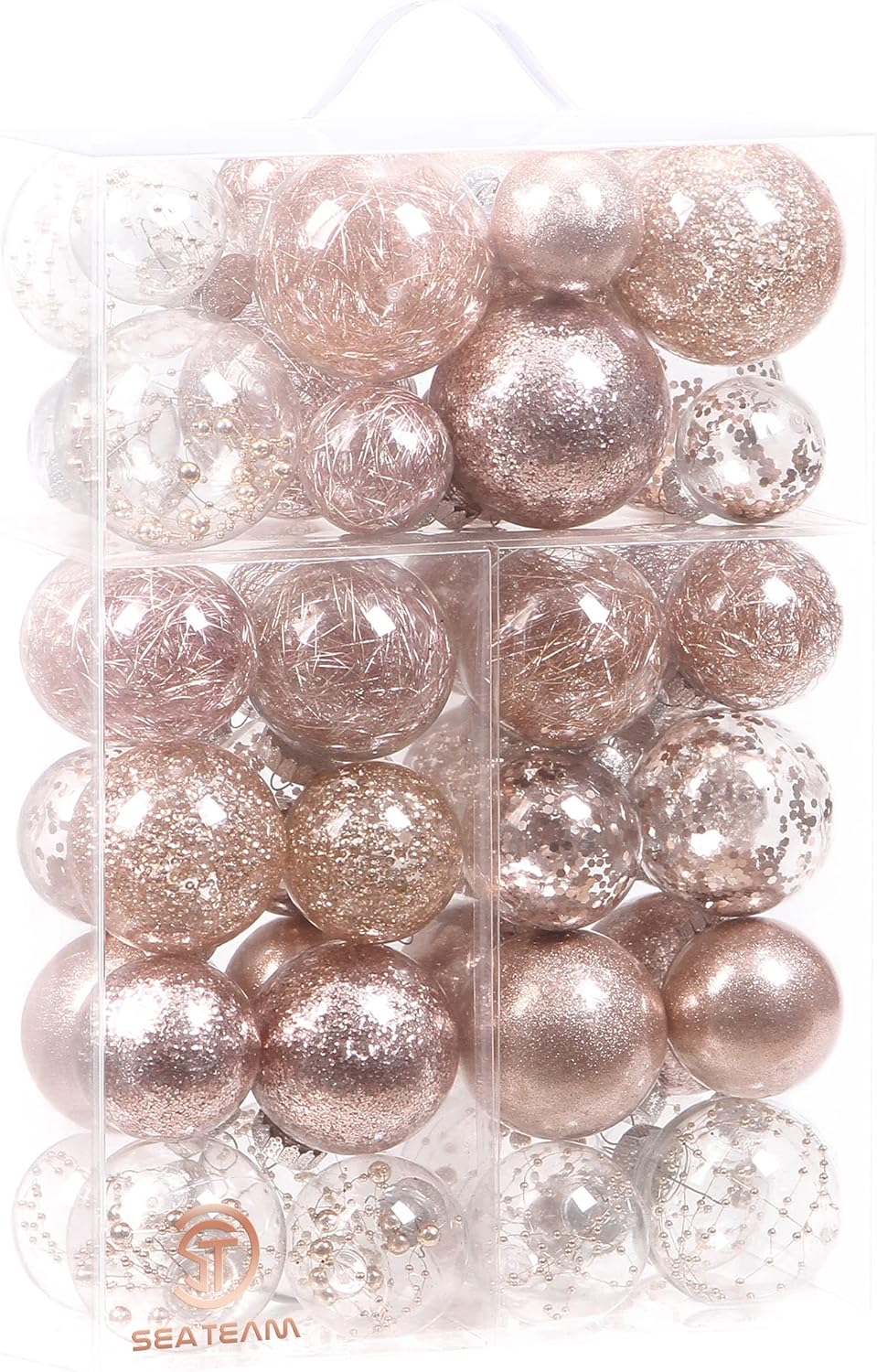Sea Team Christmas Baubles Set Clear Plastic Shatterproof Multi-Size Decorative Christmas Balls with Stuffed Delicate Decorations (48 Pieces, Rose Gold)