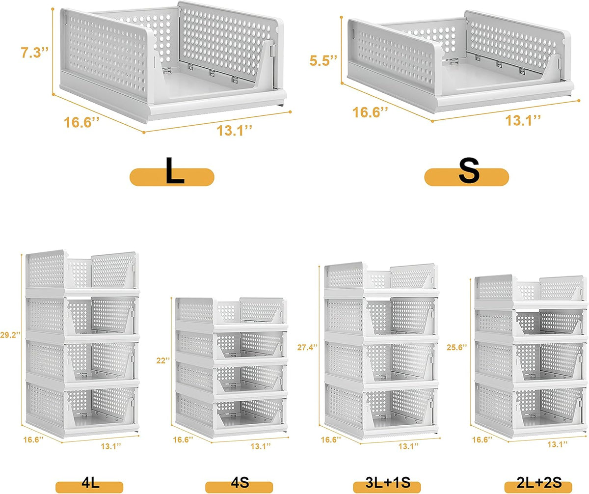 4 Pack Stackable Plastic Storage Basket Closet Organizer Bin Foldable Clothes Organizer Storage Drawer Shelf Container for Living Room Bathroom Kitchen Office (2L+2S)