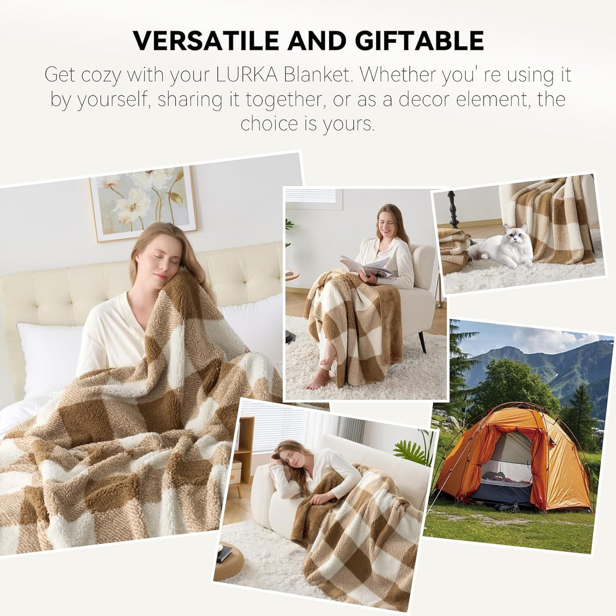 LURKA Checkered Sherpa Fleece Queen-Size Bed Blanket - Extra Thick and Warm Winter Soft Fuzzy Plush Blanket for Couches, Beds & Pets, Brown, 90x90 Inches