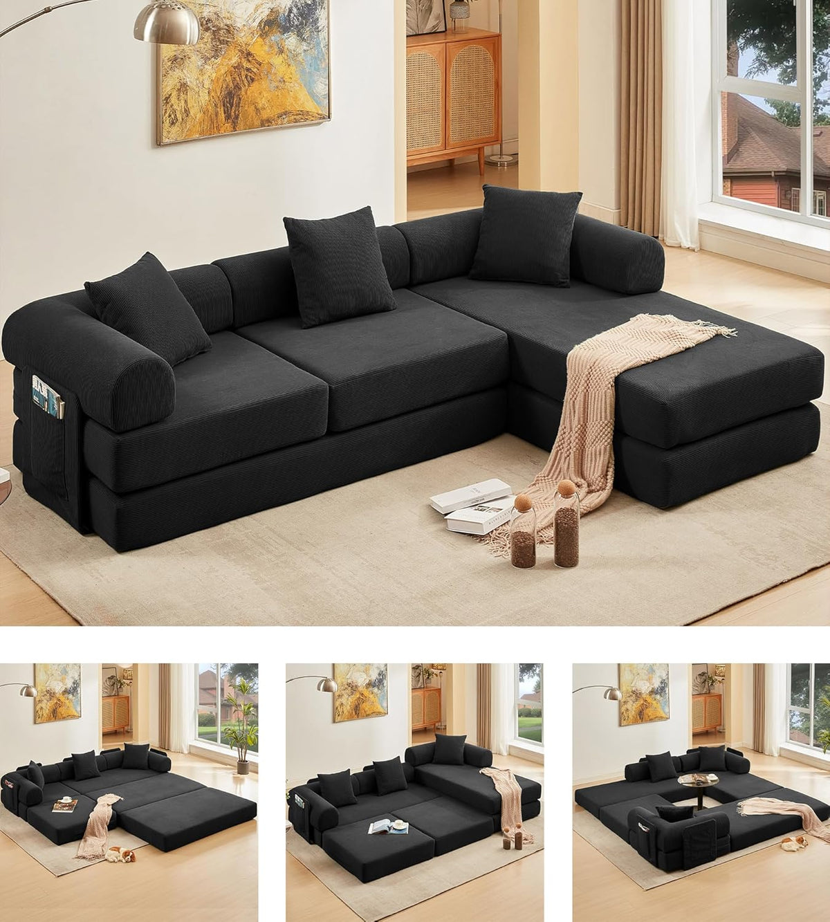 107" Oversized Convertible Sleeper Sofa Bed, Corduroy L Shape Sectional Couch, Folding Sofa Bed with Side Pocket, Modern Cloud Floor Mattress Couch, Modular Sofa for Living Room, Black