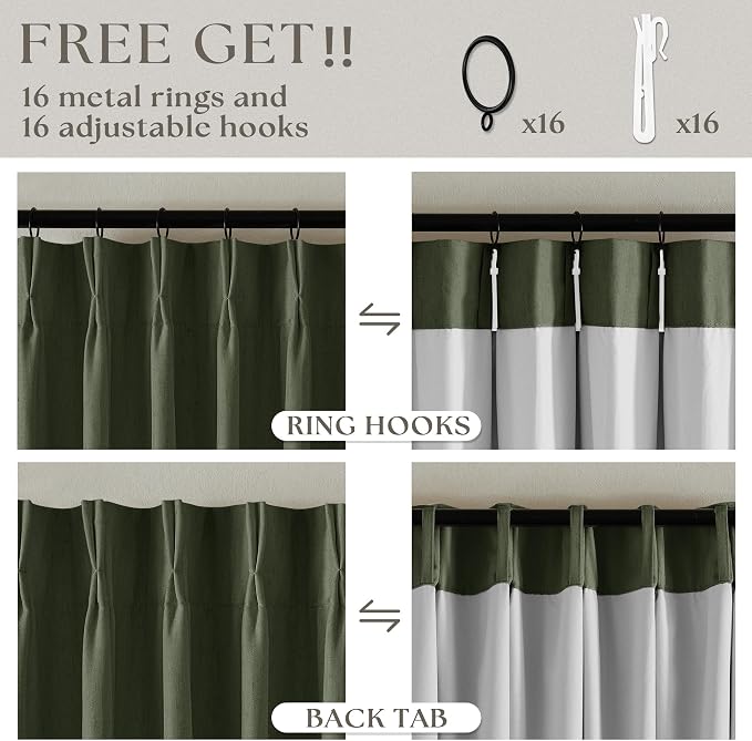 Olive Green Blackout Linen Curtains 108 Inches Long Pinch Pleated | 100% Black - Image 6