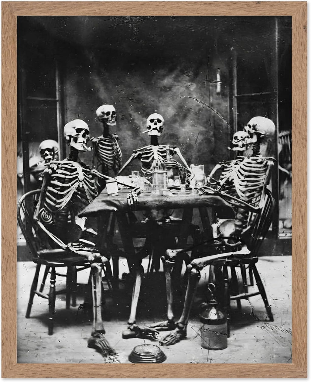 Poster Master Vintage Photograph Poster - Retro Daguerreotype Print - Gift for Artist, Friend - Skeletons Smoking at Table, Dinner Party, Goth - Wall Decor for Home, Dorm, 8x10 Beige Framed