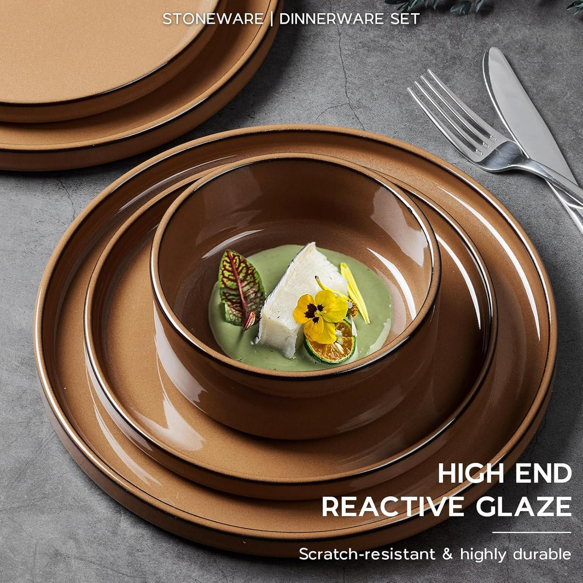 Onader Stoneware Dinnerware Sets for 4, Plates and Bowls with Unglazed Terracotta Bottom, Elegant Kitchen Ceramic Dish Dishware Set, Reactive Glaze 12 Piece - Earthy Umber