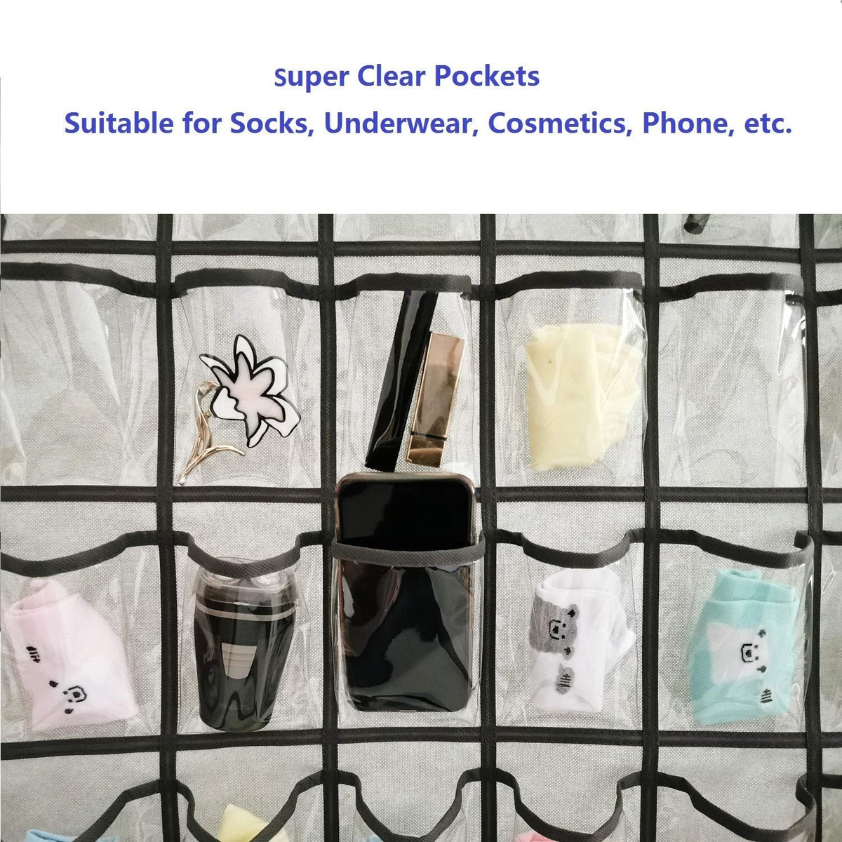 Classroom Pocket Chart for Phone Calculator Holder Over The Door Hanging Closet Jewelry Organizer with 30 Clear Pockets (GREY)