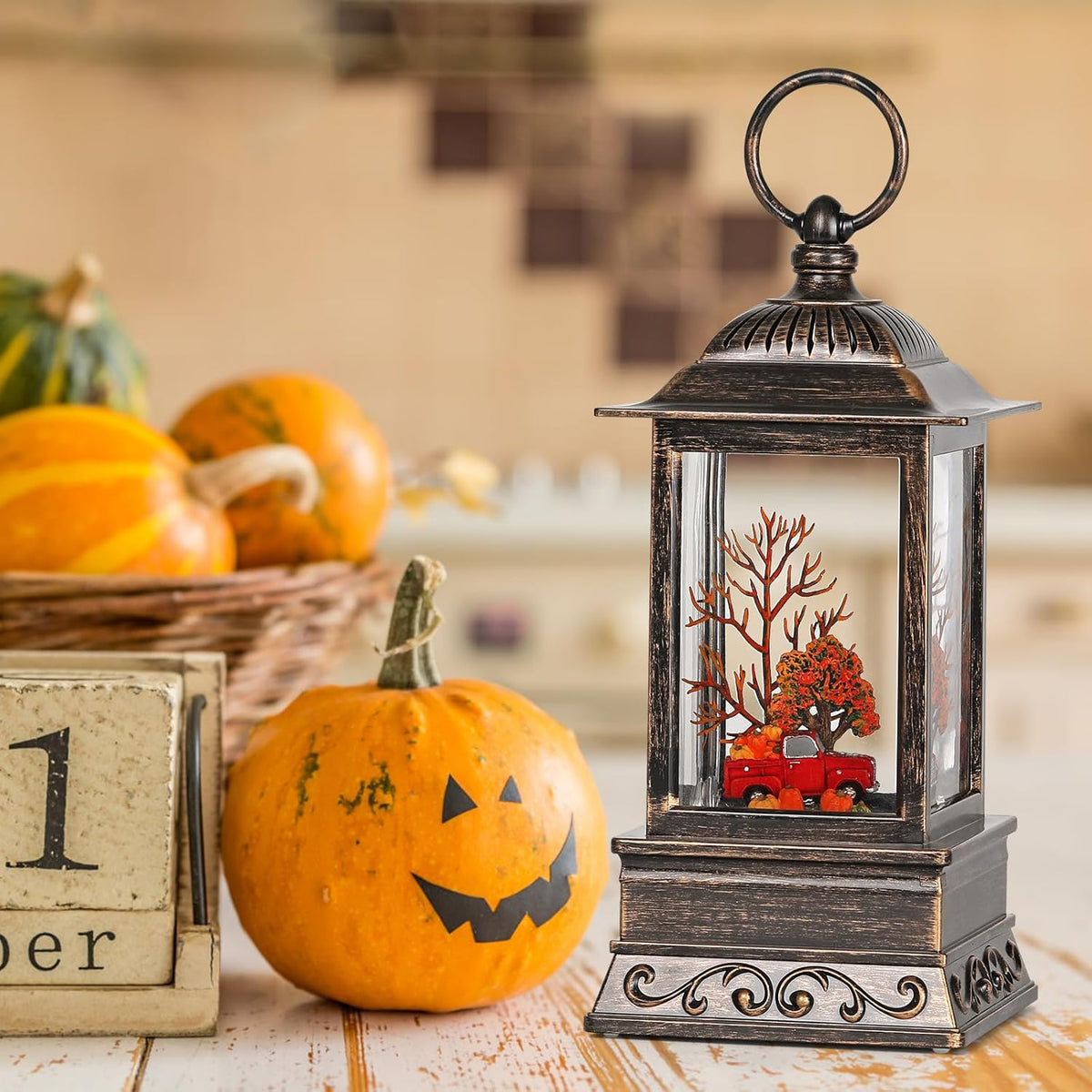 Fall Snow Globe Red Truck Lantern, Glitter Lighted Snow Globes Fall Decorations for Home, Light Up Snowglobe Fall Décor