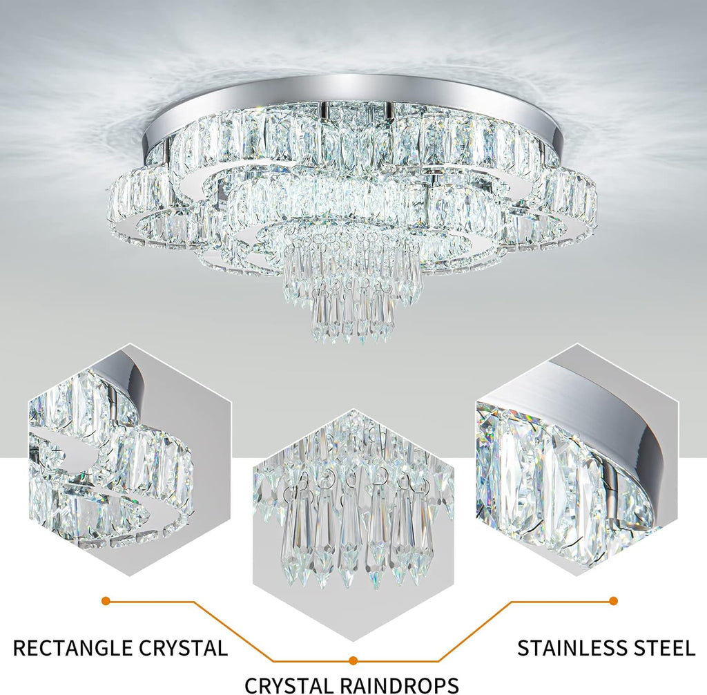 21 Inch Crystal Chandelier LED Flush Mount Ceiling Light Fixtures Luxury Chandeliers for Living Room Bathroom Bedroom Entrance Dining Room(Cool White)
