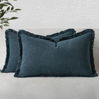 MIULEE Linen Fringe Decorative Lumbar Throw Pillow Covers Navy Blue 12x20 | Set by MIULEE