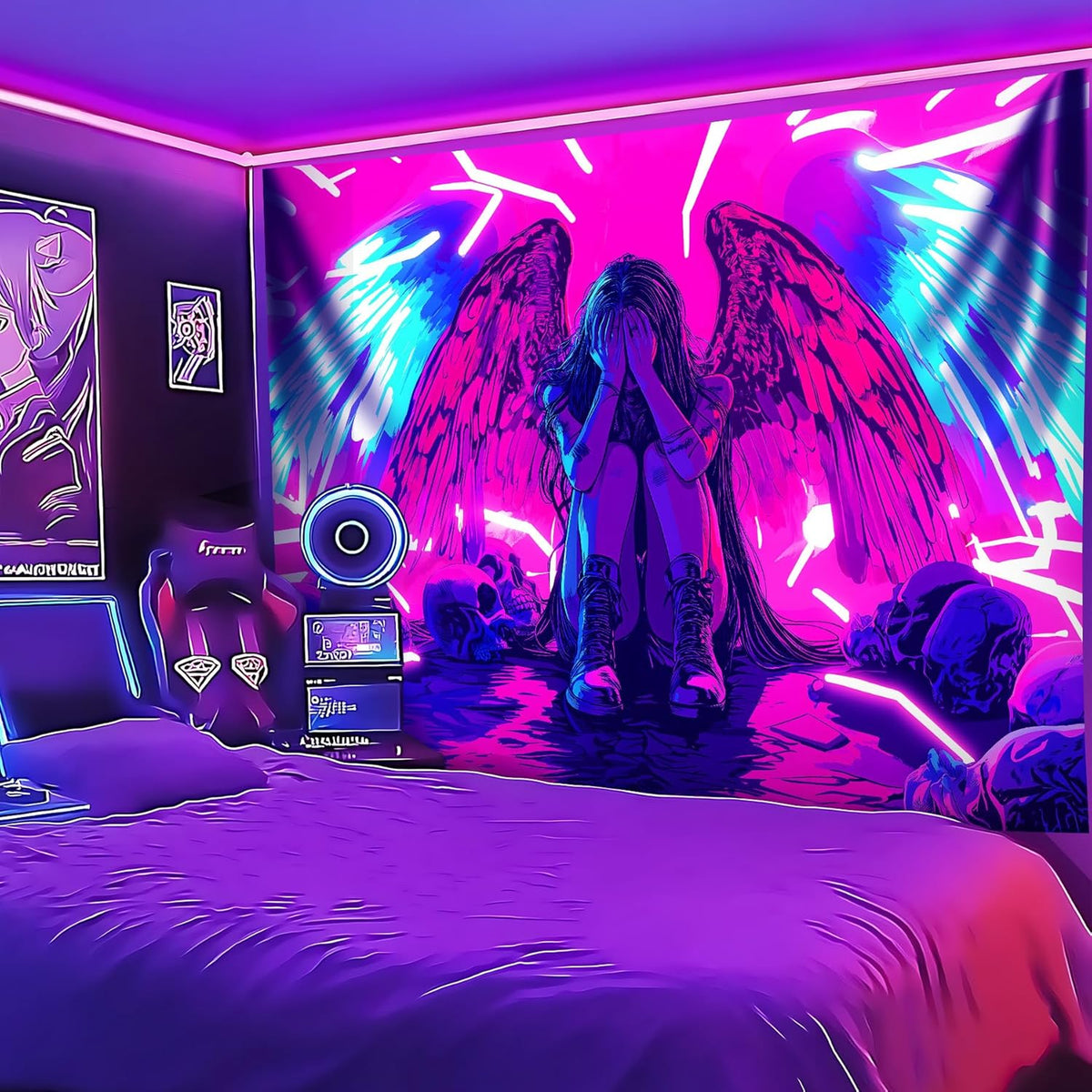 Blacklight Tapestry,WingTapestry Glow In The Dark,UV Reactive Black Light Upright Posters Wall Hanging for Bedroom Dorm Living Room Backdrop Decor (wing5, 90L" x 70W")
