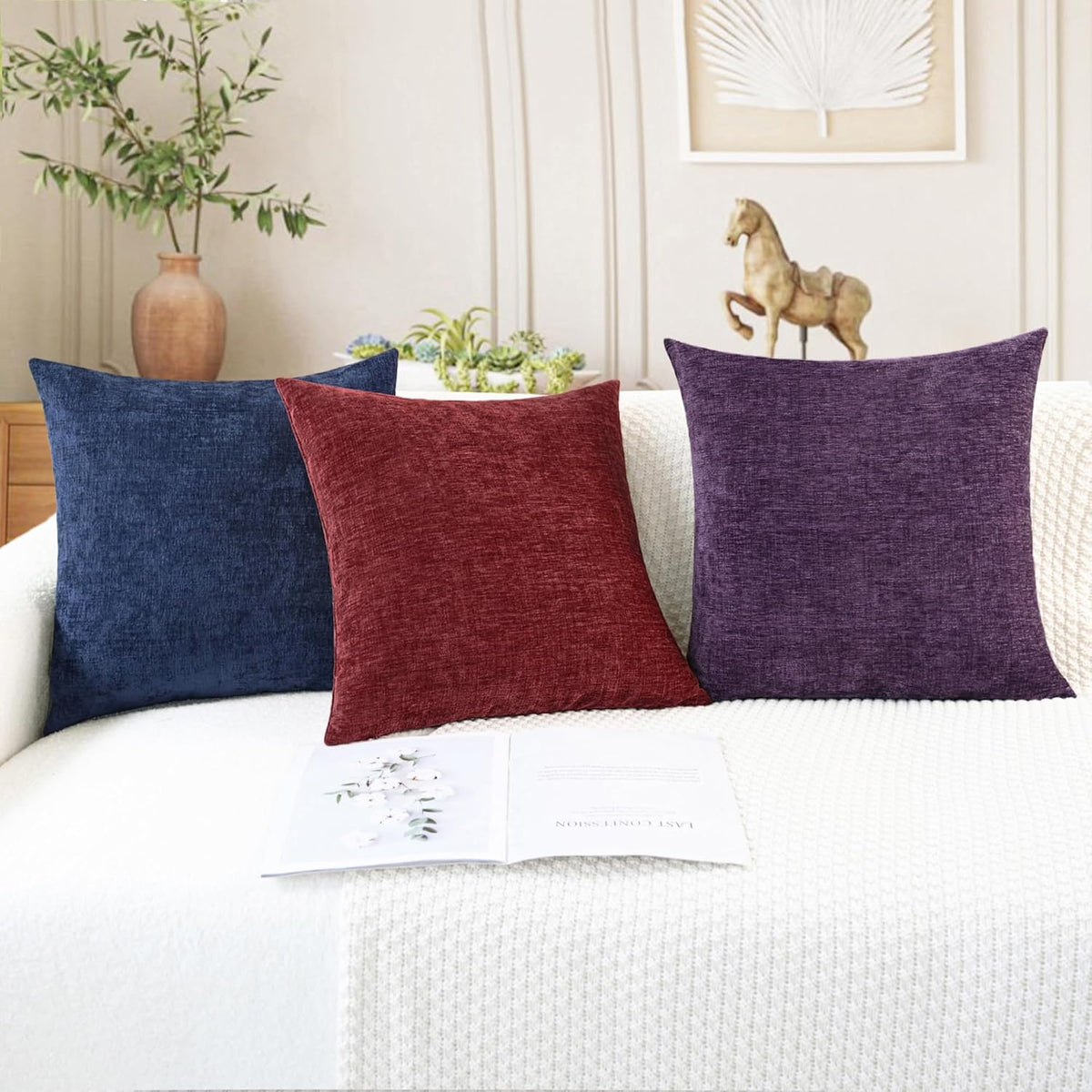 CaliTime Throw Pillow Covers Decorative 18 X 18 Inches Pack of 2 Cozy Chenille Cushion Cases for Couch Sofa Bed Living Room Home Burgundy