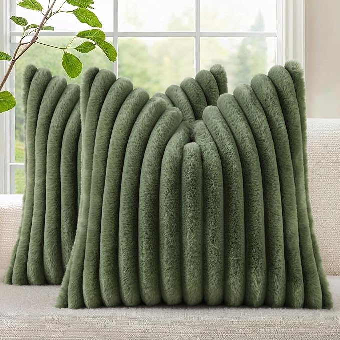 decorUhome Fall Faux Fur Throw Pillow Covers 16x16 Set of 2 Olive Green | by decorUhome