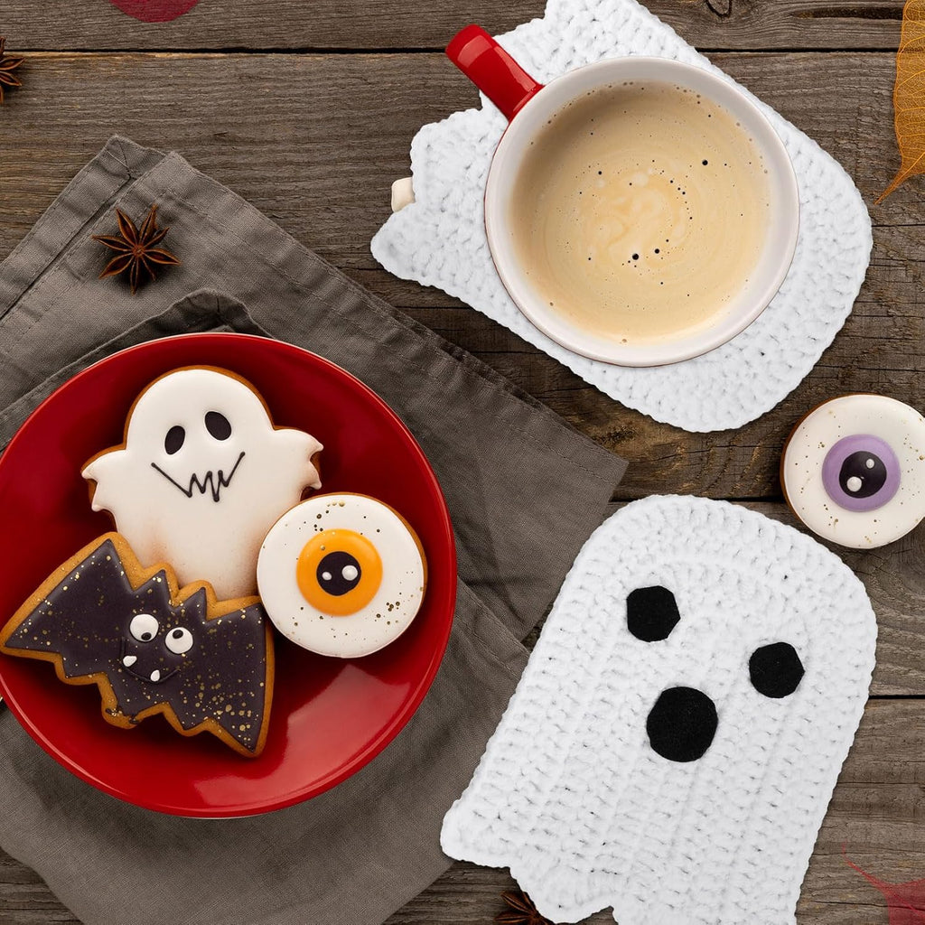 Whaline 4Pcs Halloween Ghost Coasters Handmade Crochet Drink Coasters Woven Fabric Cup Mat for Home Kitchen Party Table Decor
