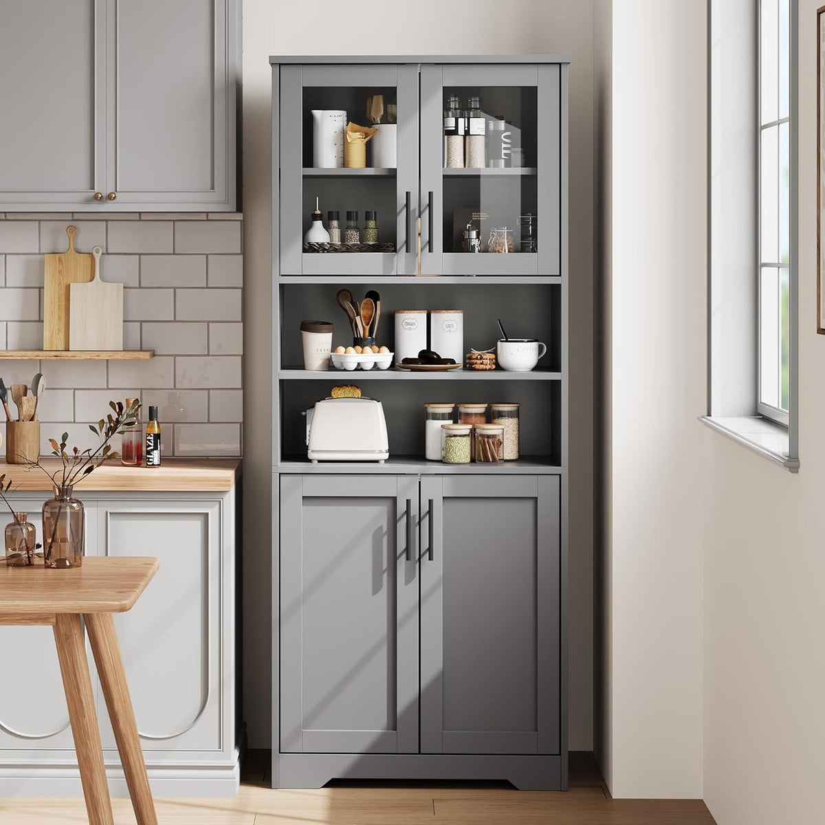 GarveeHome 67" Tall Storage Cabinet, Tall Bathroom Cabinet with Glass Doors and Adjustable Shelves, Freestanding Kitchen Pantry Cabinets, Cupboard for Living Room, Dining Room, Gray