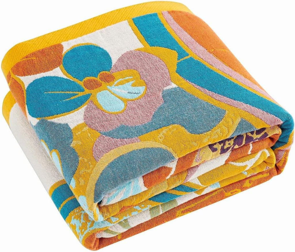 Boho Throw Blanket, Lightweight Blankets for Summer, 100% Cotton Bohemian Decorative Throw Blanket, 90"x98" Reversible Muslin Breathable Woven Farmhouse Blankets Quilt,
