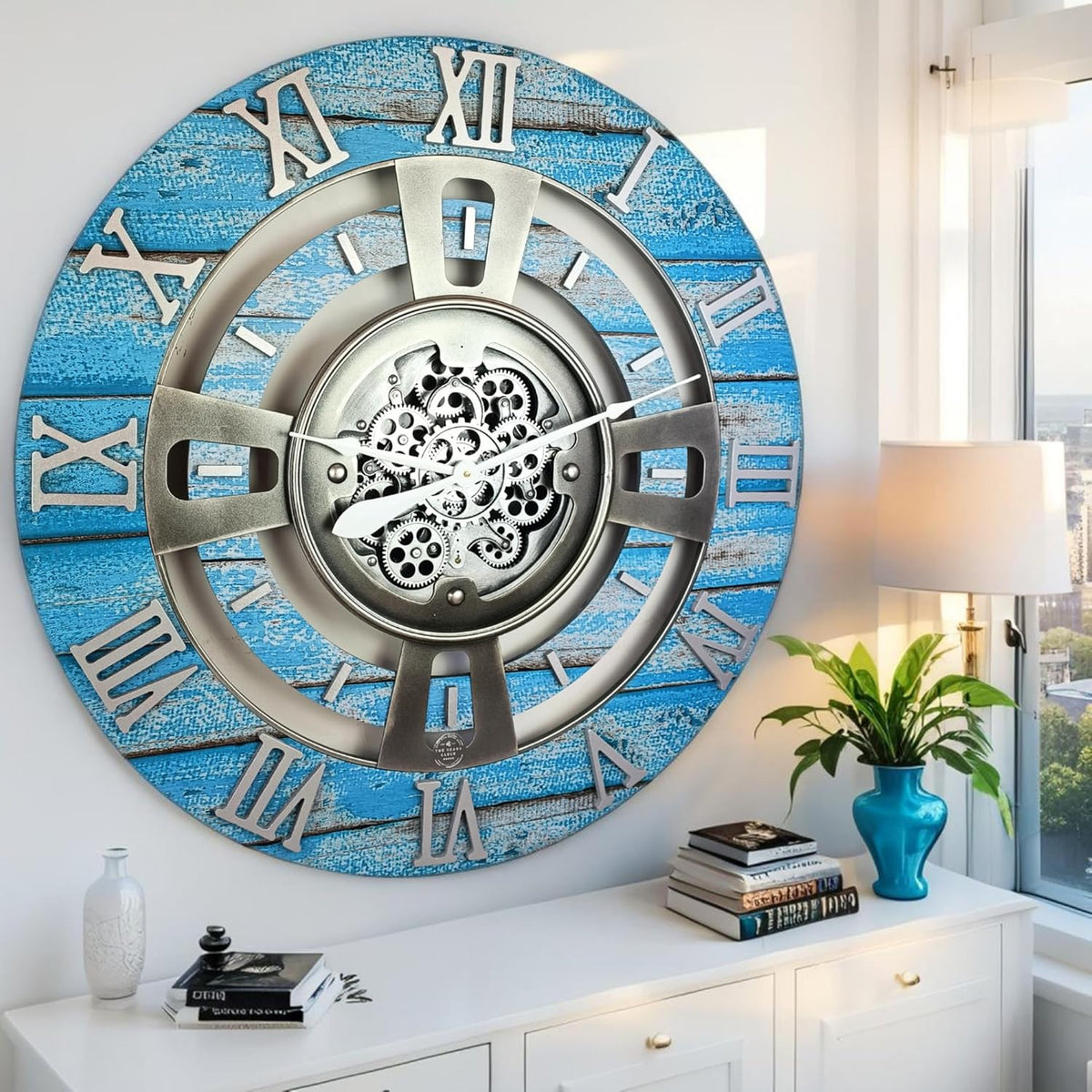 The Gears Clock Real Moving Gear Wall Clock England Line (Ocean Blue, 36 inches (90 cm))