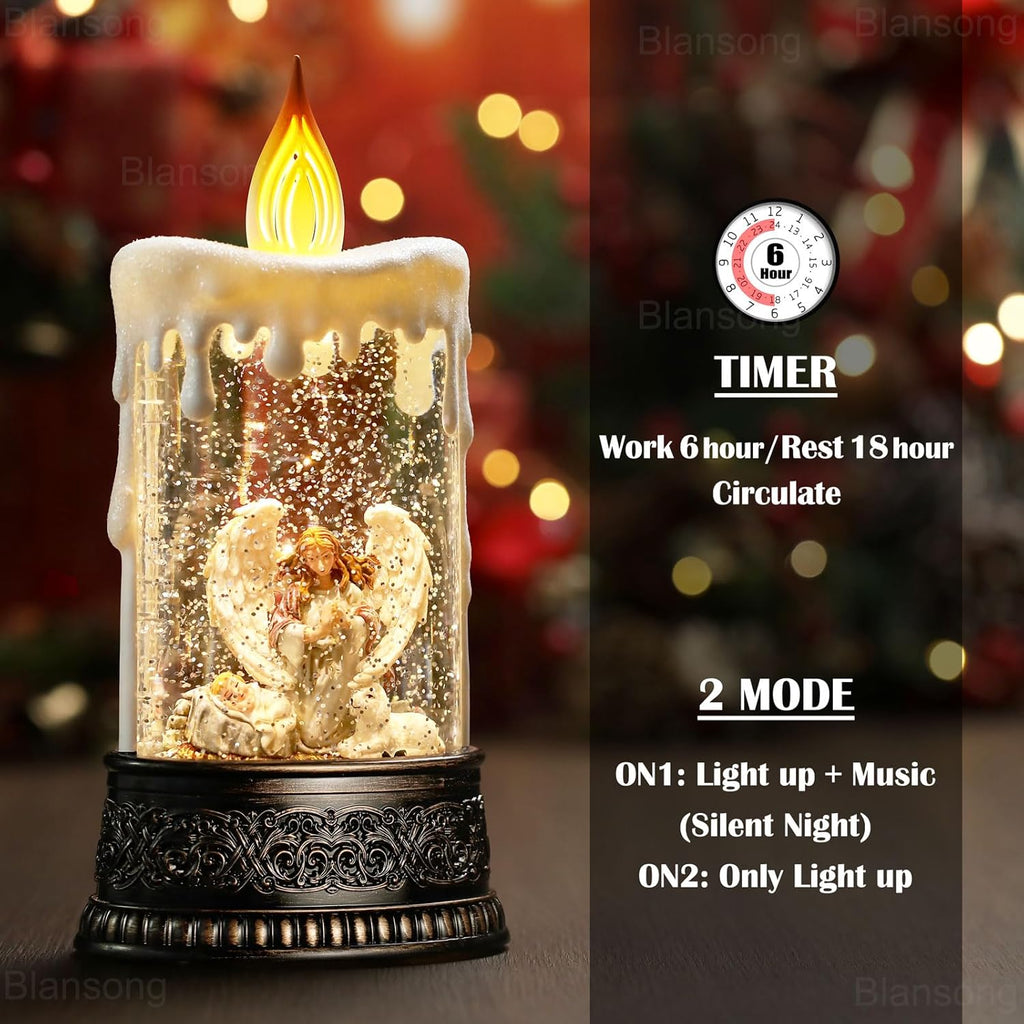 Nativity Snow Globe Candle Christmas Decorations Gifts Auto Snowfall Glitter Music Collection Angel Nativity Scene with 6H Timer USB/Battery Powered 9.7 inch