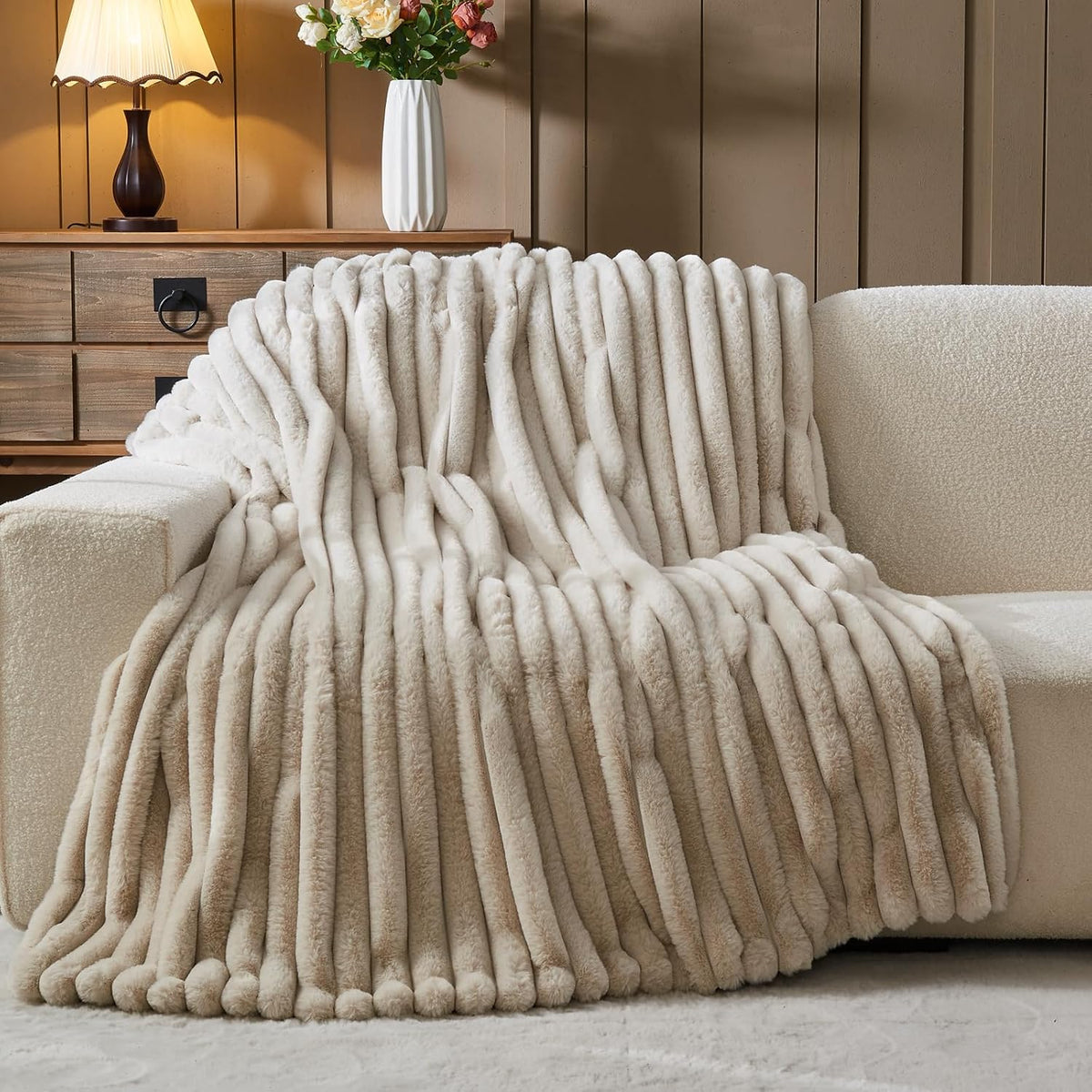 NEWCOSPLAY Faux Fur Throw Blanket Linen 3D Ribbed Plush Thick Warm Blanket for Couch Sofa Bed 850GSM (Linen Ribbed, Throw(50"x60"))