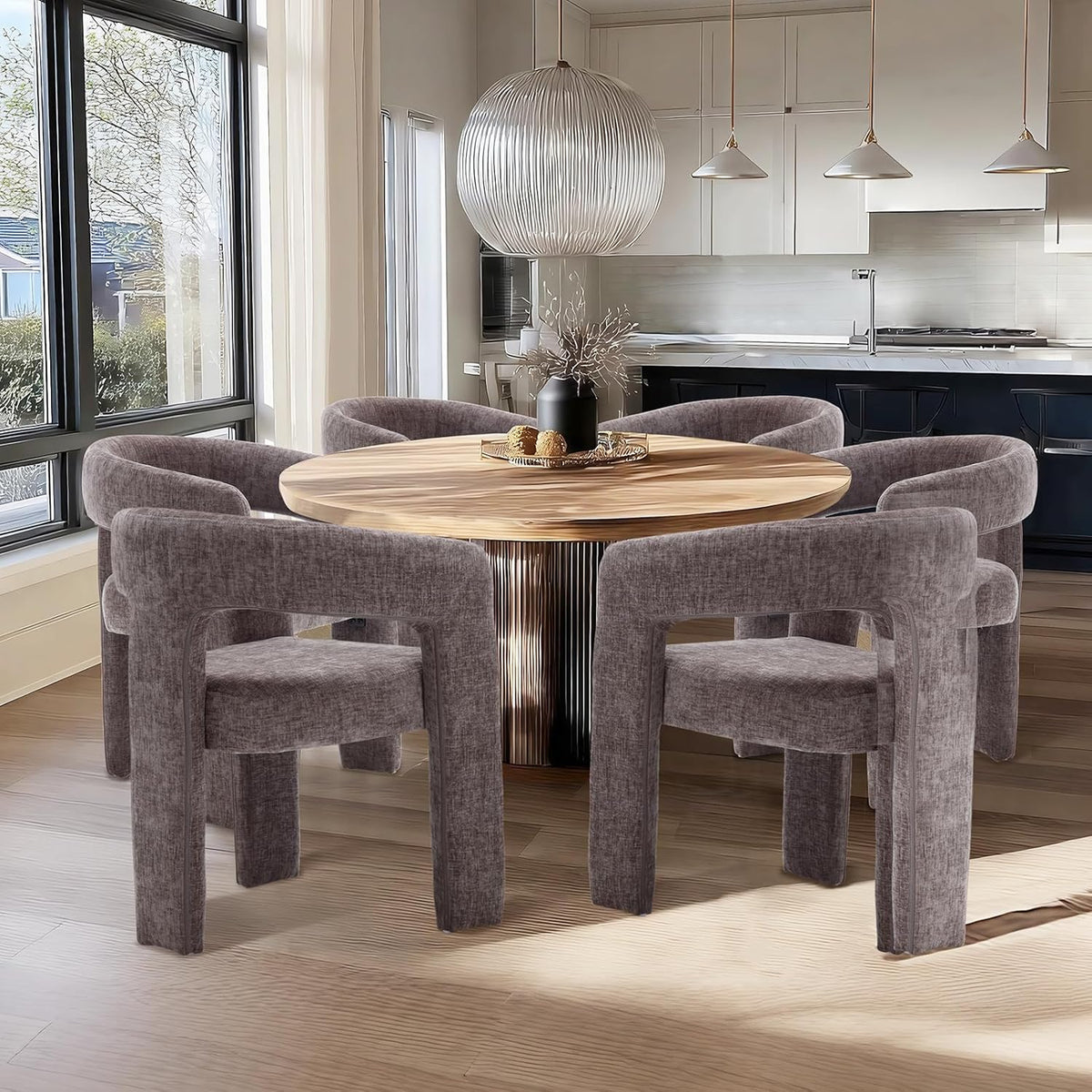 Charcoal Grey Chenille Dining Chairs Set of 6, Modern Barrel Dining Room Chairs Upholstered Accent Chair with Arms and Round Back for Living Room Kitchen Armchair No Assembly Needed
