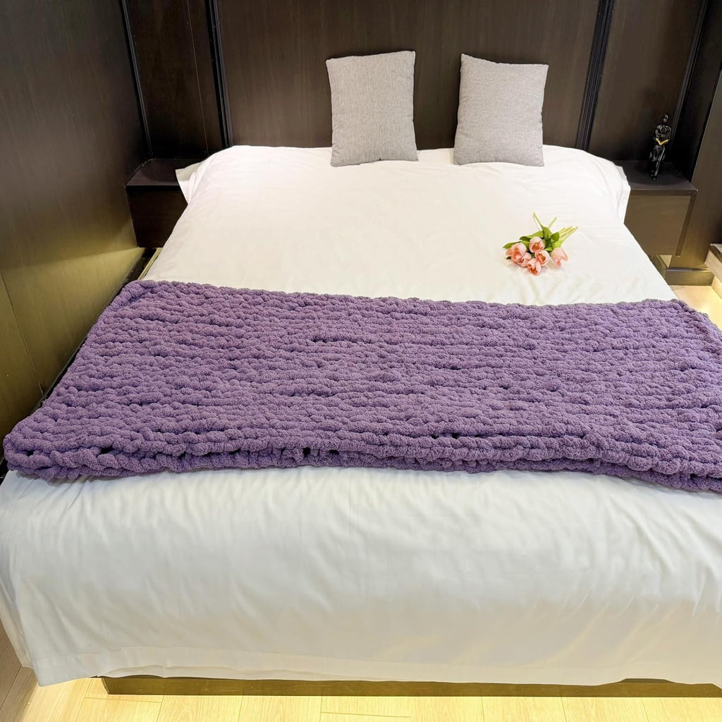 Chunky Knit Blanket Throw 40"x60", Chenille Throw Blankets, Handmade Warm & Cozy Blanket Couch Bed Home Decor, Soft Breathable Fleece Banket, Christmas for Couch Bed Sofa Best Gift (Purple)