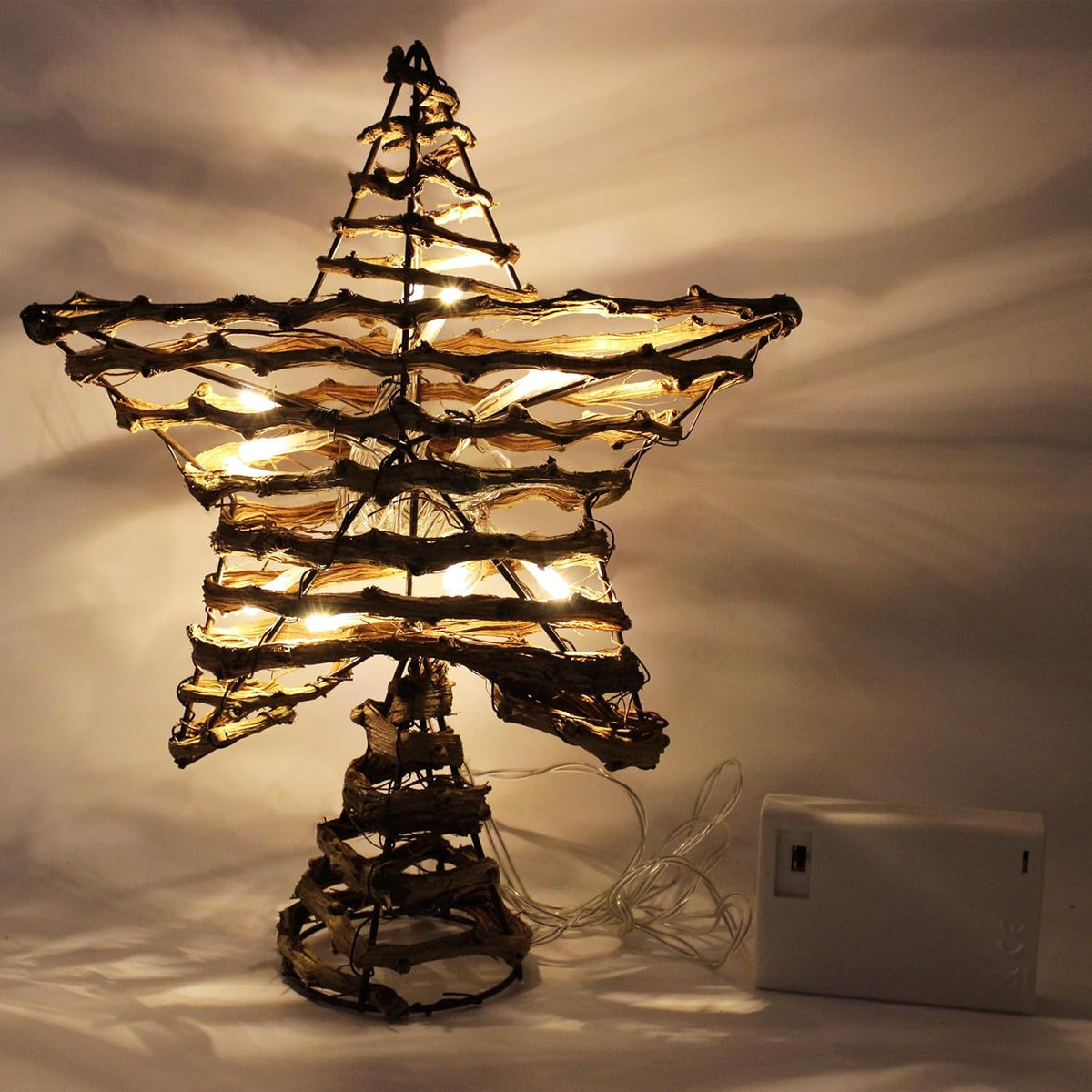 CVHOMEDECO. Rustic Rattan Christmas Tree Star Topper with LED Lights, Farmhouse Christmas Tree Toppers Decoration, 8 x 10 Inch