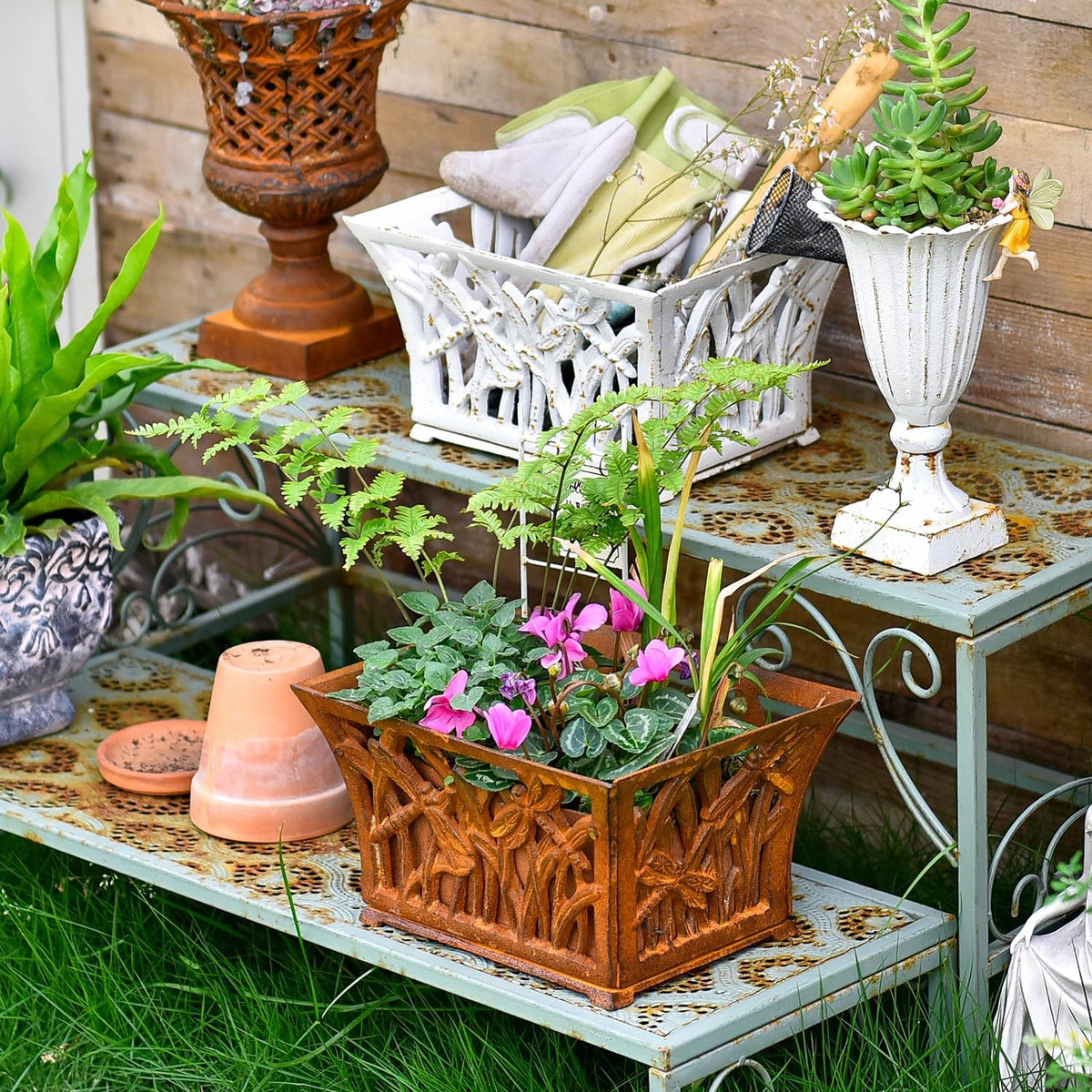 Sungmor Heavy Duty Cast Iron Planter Basket w/Non-Woven Growing Bag, Unique Shape & Beautiful Pattern Design, Hollow Orchid Flower Pot Garden Tools Holder, Full Rusted French Country Decor Container