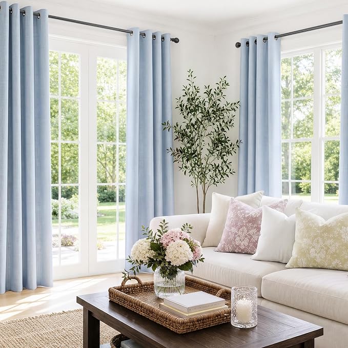 100% Blackout Linen Textured Curtains 90 Inch Long, Chambray Blue | 100% - Image 2