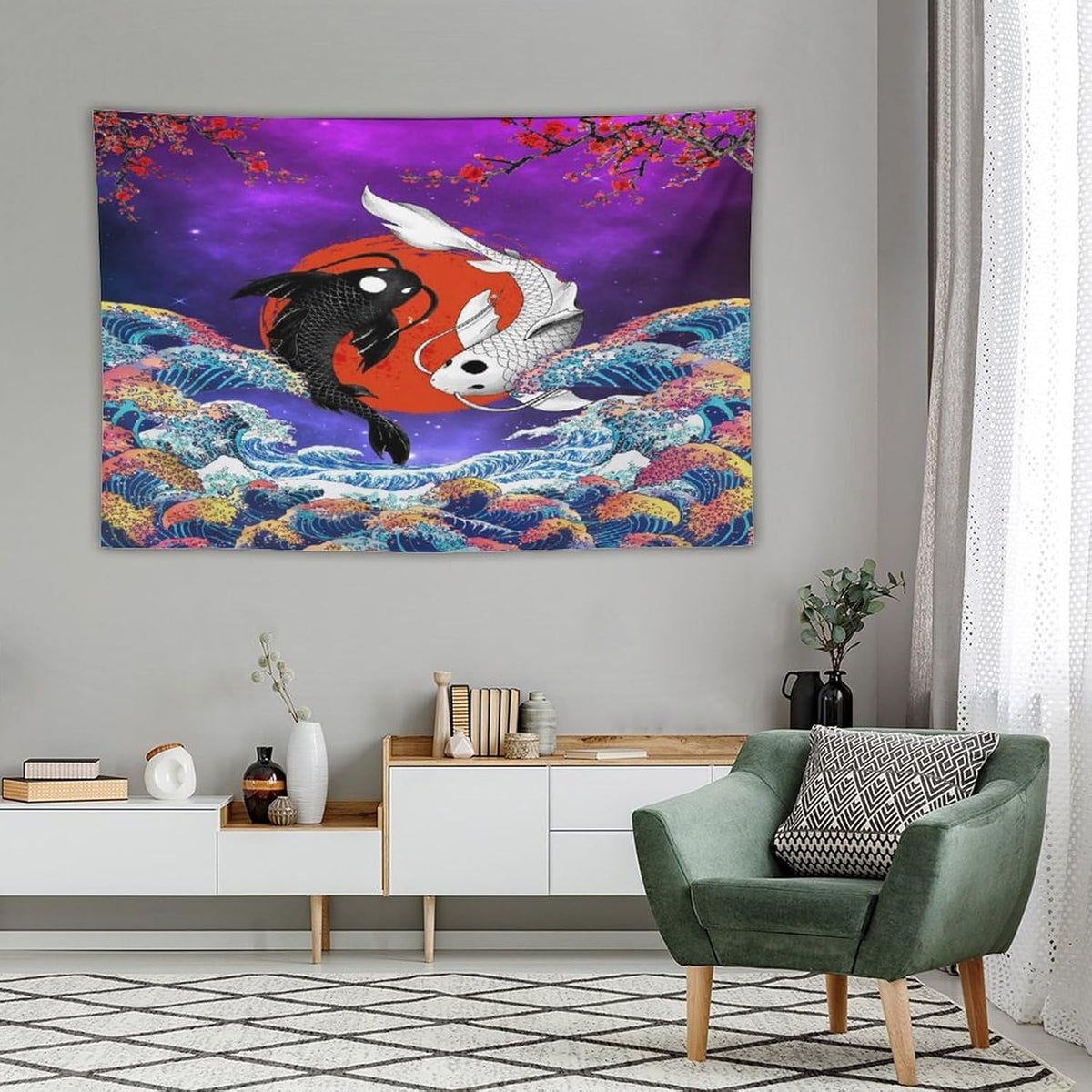 Houselerax Japanese Koi Fish Tapestry, Yin Yang Big Wave Cherry Blossom Tapestries Wall Hanging for Bedroom Living Room Office Decor 90"x60"