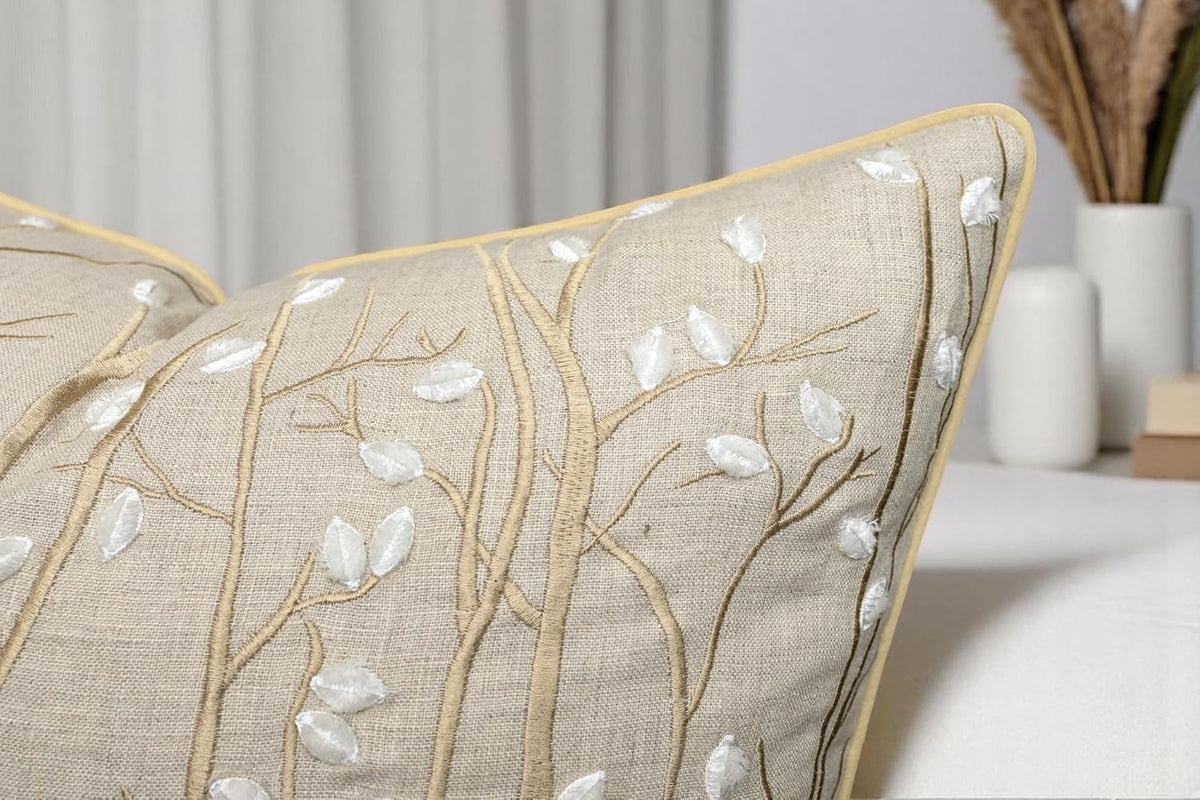 VAGMINE Embroidered Forest Throw Pillow Cover - 18x18 Inches Square - 100% Linen Natural Decorative Cushion Cover - Elegant Embroidery - Rustic Home Accent for Sofa, Bed, Couch, Farmhouse Décor