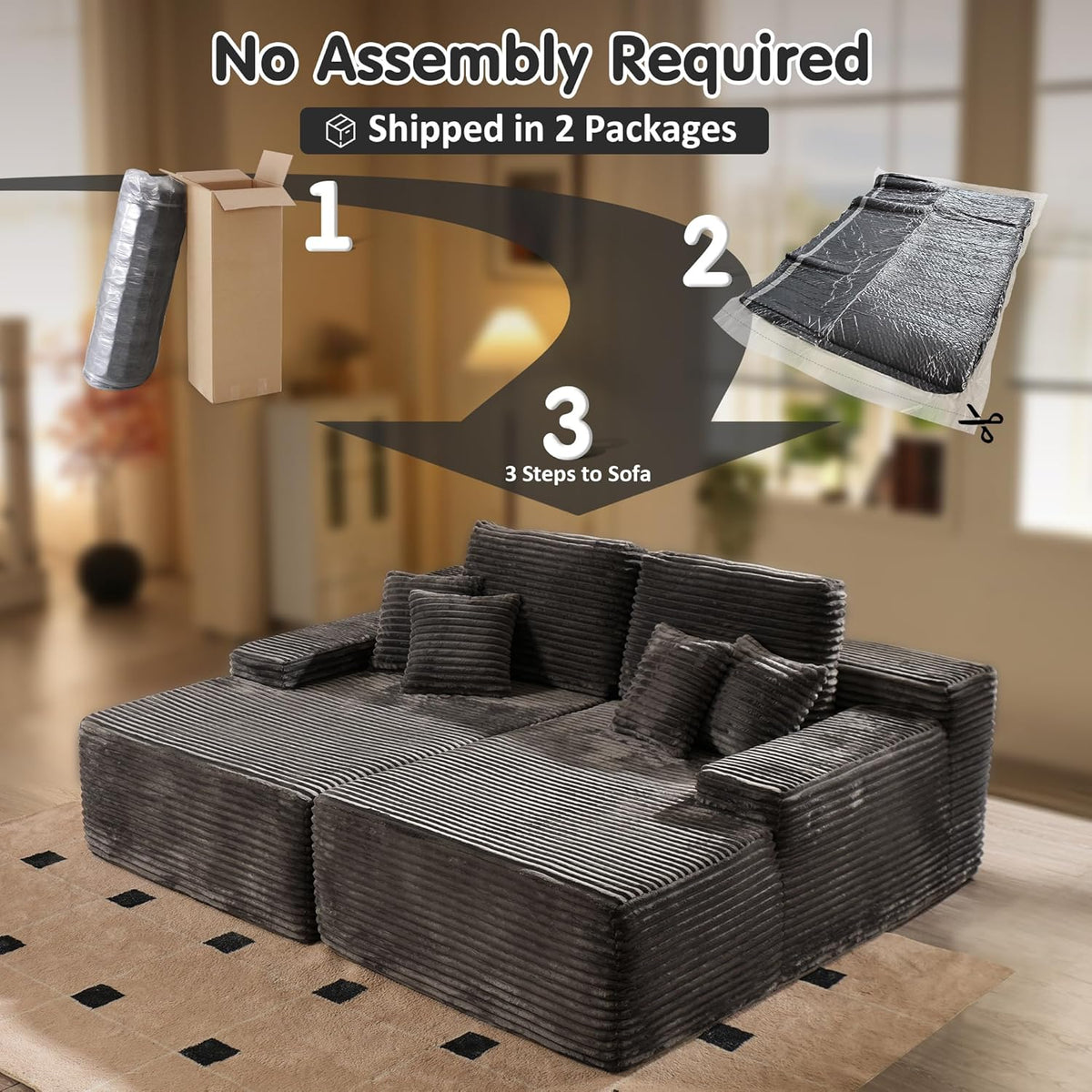 ovios 81" Oversized Sectional Double Lounge Chaise with Cloud Plush Sofa Bed, No Assembly Required, Fluffy Modern Sleeper Loveseat Chair for Indoor Living Room Bedroom Reading, Grey (Plush Fabric)