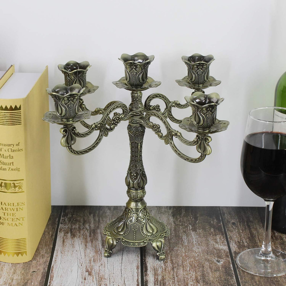Metal Candelabra 5-Candle 10.1 Inch Tall Candle Holder Stick for Home Wedding Event and Party Festival,Bronze