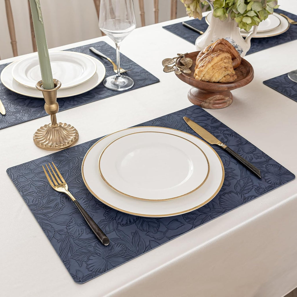Romanstile Vinyl Placemats Set of 8-12 X 18 Inch - Heat Resistant Non-Slip Embossed Floral Place Mats 100% Waterproof Oilproof Wipeable Faux Leather Table Mats for Kitchen/Dining/Party, Navy Blue