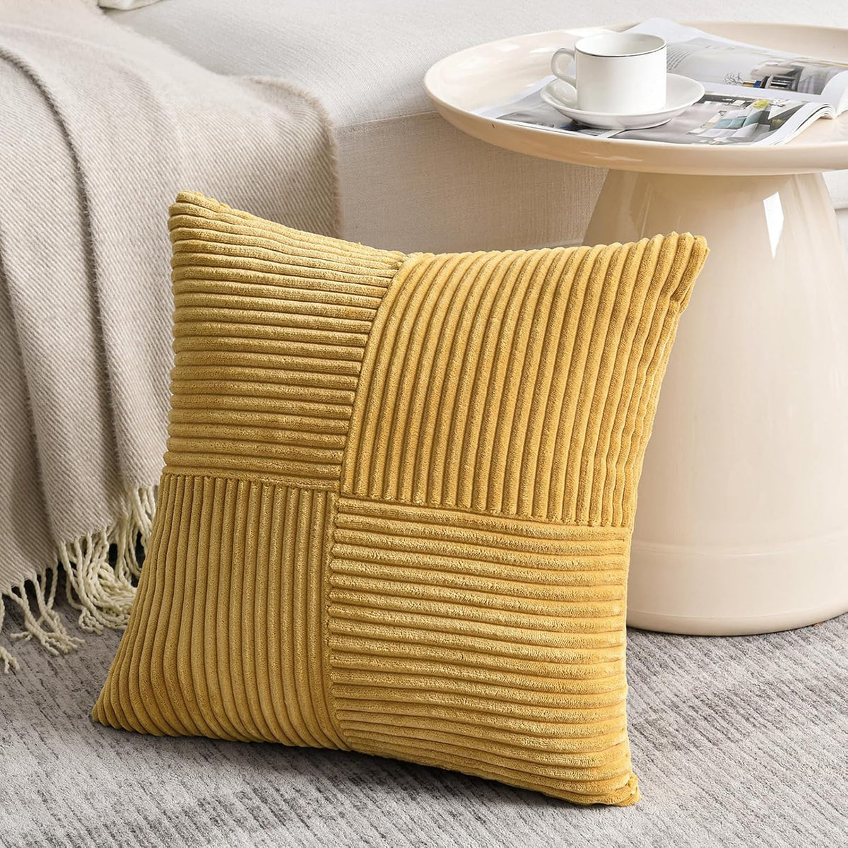 Fancy Homi 2 Packs Mustard Yellow Decorative Throw Pillow Covers 20x20 Inch for Living Room Couch Bed Sofa, Farmhouse Boho Home Decor, Soft Corss Corduroy Patchwork Accent Square Cushion Case 50x50 cm