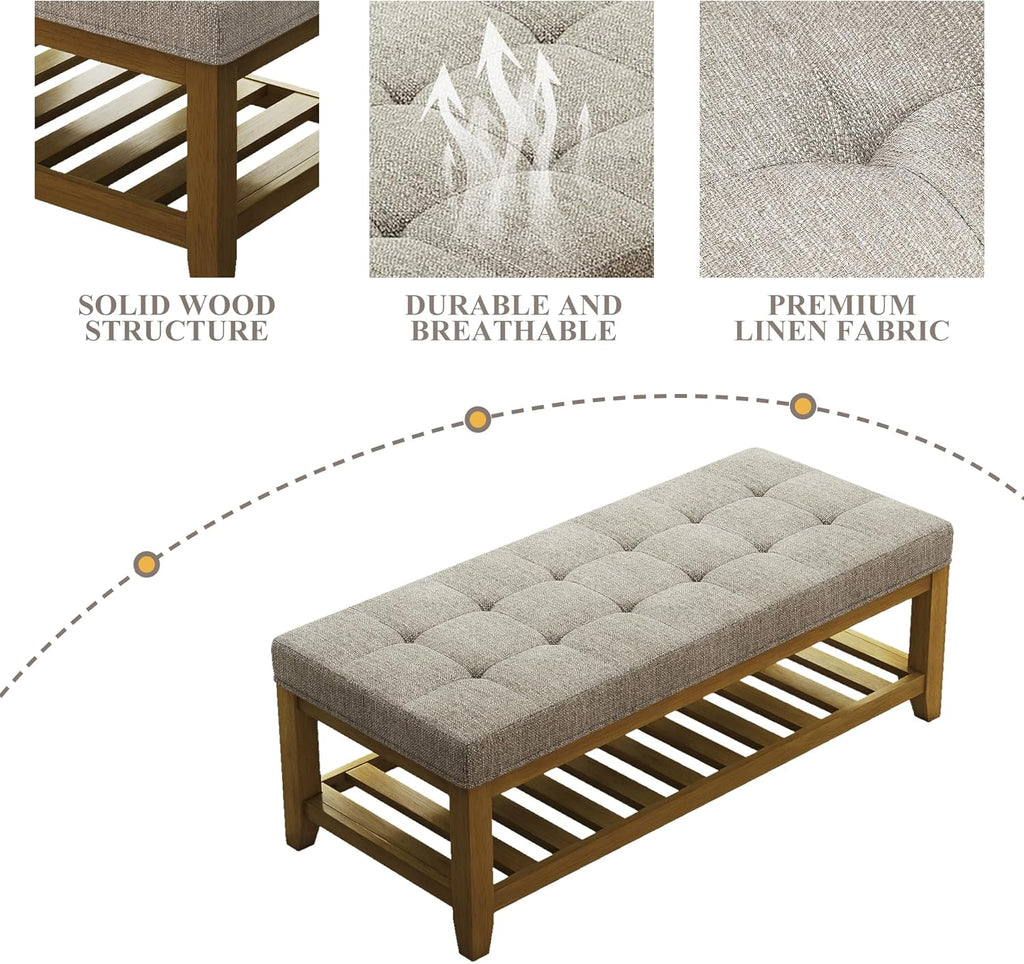 Large Rectangular Upholstered Ottoman Bench, Linen Tufted Footrest Ottoman with Solid Wood Shelf Storage Coffee Table for Bedroom Living Room, Linen