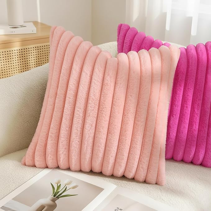 decorUhome Fall Faux Fur Throw Pillow Covers 26x26 Set of 2 Hot Pink | - Image 4