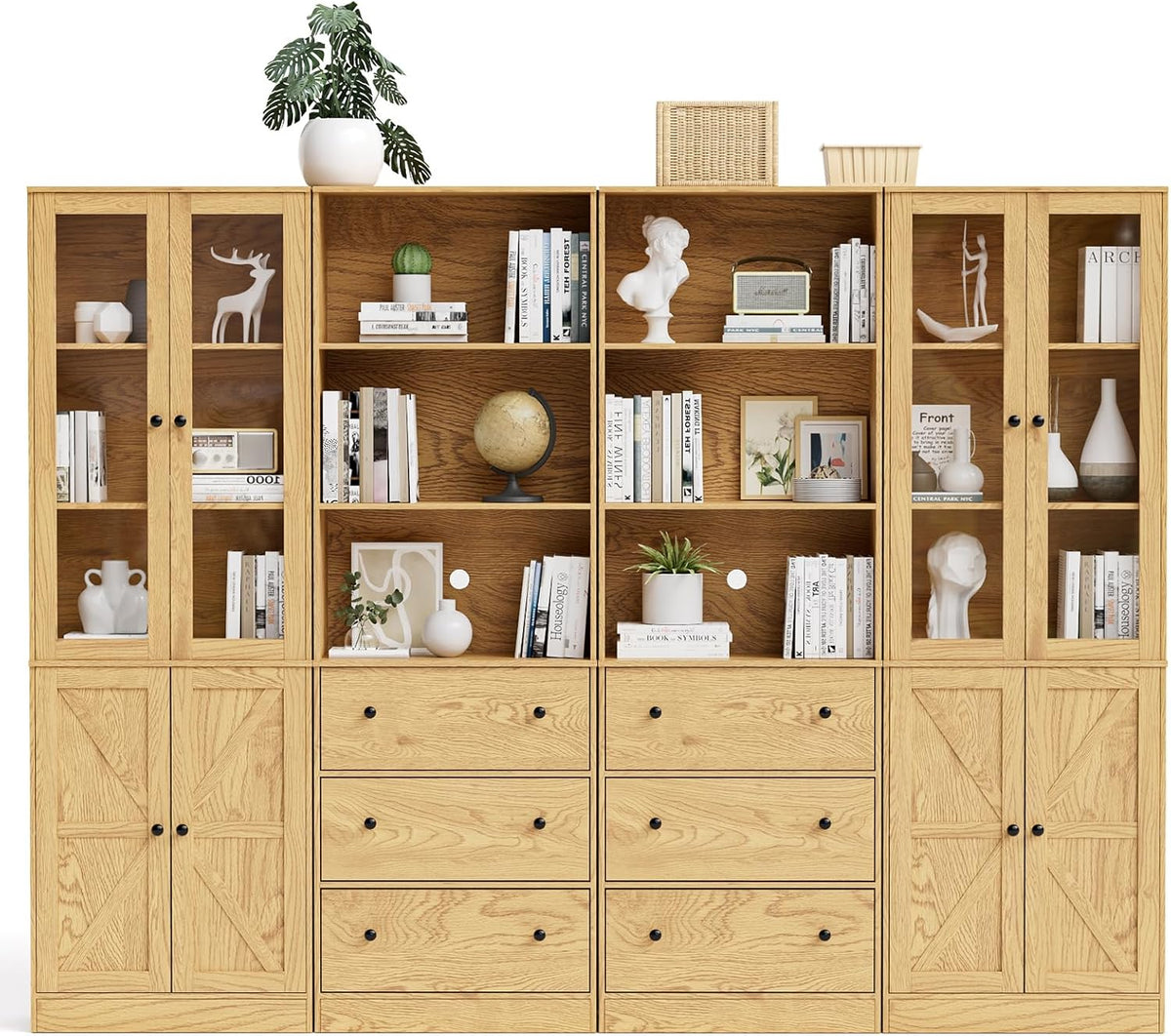 71" Tall Bookshelves Set of 4, 2 Bookcases with Drawers & 2 Bookshelves with Doors, Wooden Bookshelves Floor Standing Display Storage Shelves Home Decor Furniture for Home Office, Living Room