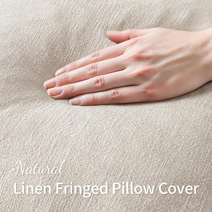 MIULEE Linen Fringe Decorative Throw Pillow Covers Natural Beige 18x18 | Set of - Image 2